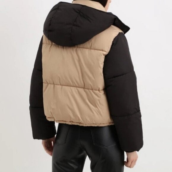 ZARA Color Block Hooded Puffer Jacket Tan\Black S NWOT - Picture 3 of 7